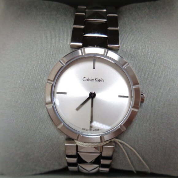 Women's Calvin Klein Watch K5T 331 Silver Stainless Steel Pyramid Studs NWT - Picture 5 of 10
